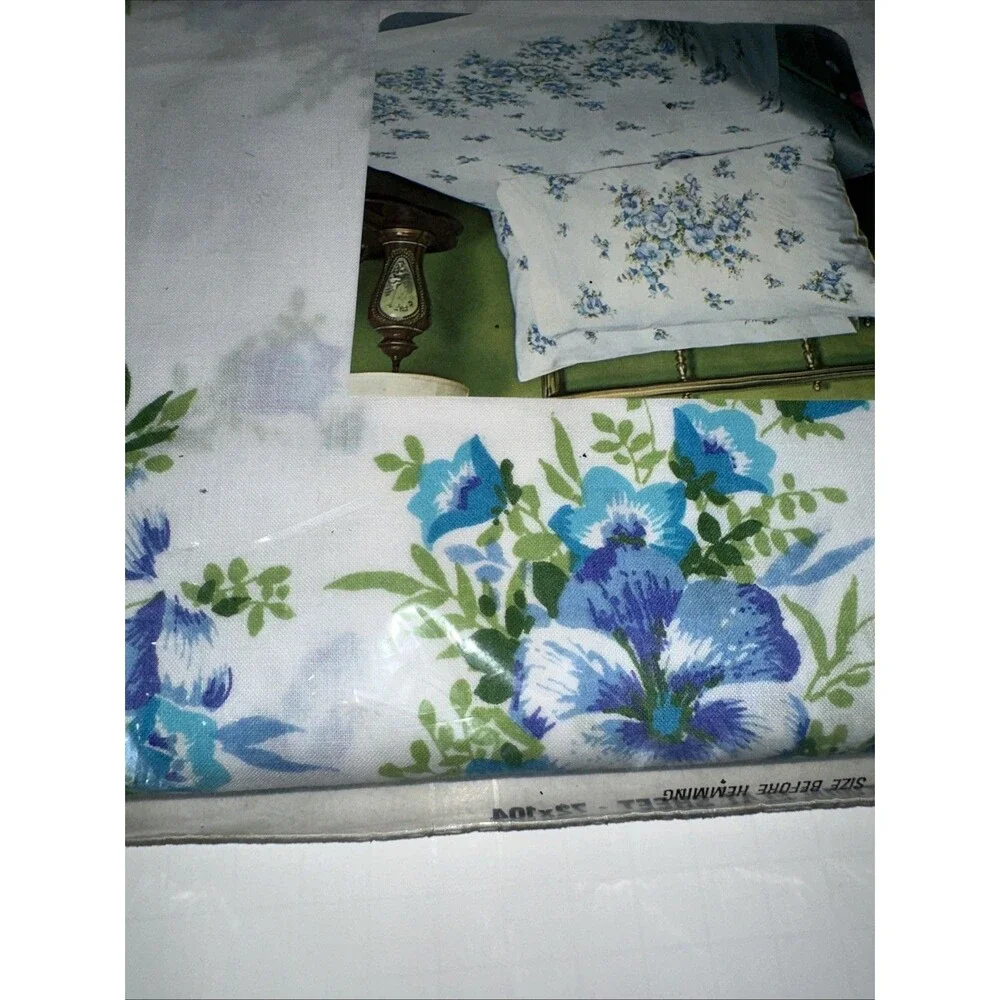VTG NIP Our Own Twin Flat Sheet Blue Floral No Iron Muslin NOS Retro JC Penny